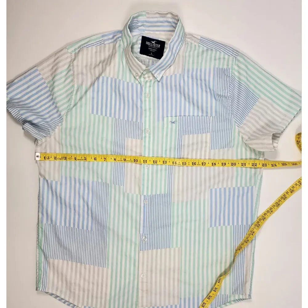 Hollister Patchwork Stripe Button Shirt L Blue Green‎ Casual Preppy